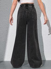 SHEIN Tween Girl Simple Casual Jeas Wide Leg Pants With Slanted Pockets And Versatile Style Summer Holiday