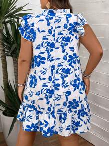 SHEIN VCAY Plus-Size Romantic Flower Dress With Cap Sleeves - Blue - View 2