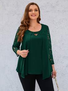 EMERY ROSE Plus Size Women Fashionable Loose Fit Round Neck Lace Long Sleeve Blouse - Dark Green - View 4