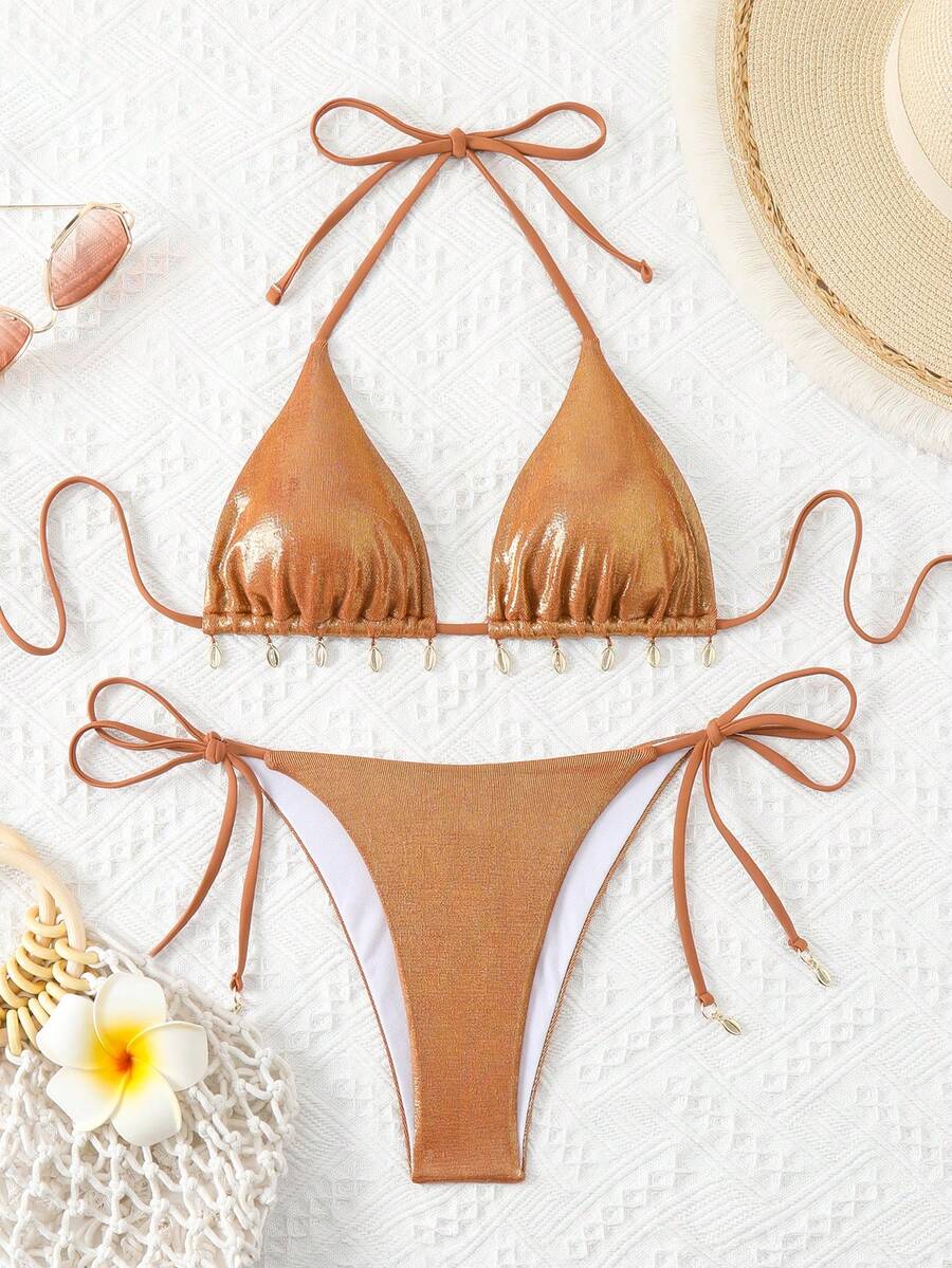 SHEIN Swim SXY Wisiorek z muszelką, błyszczący zestaw bikini Moda