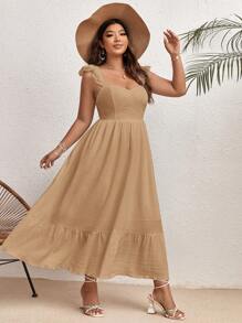 SHEIN VCAY Plus Size Women's Fashion Solid Color Ruffled Sleeve Dress - Khaki - View 5
