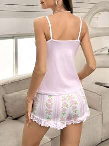 Women Summer Solid Color Cami Floral Stripe Pattern Shorts Pajama Set - Pink - View 2