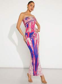 Hauture Women Summer Body Print Strapless Long Slim Elegant Dress