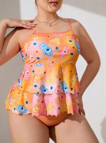 SHEIN X Care Bears Đồ bơi Tankini họa tiết trái tim và gấu hoạt hình cỡ lớn, viền bèo nhún nhiều lớp, dành cho kỳ nghỉ hè trên bãi biển - trái cam - Xem 5