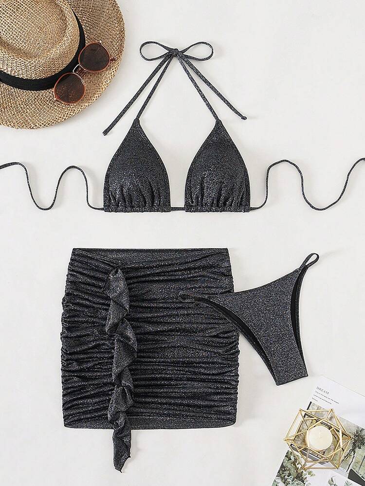 Women Plain Halter Back Tie Bikini Set Top + Triangle Bikini Set Bottom + Pleated Skirt Bikini Set 3 Pieces Summer Beach