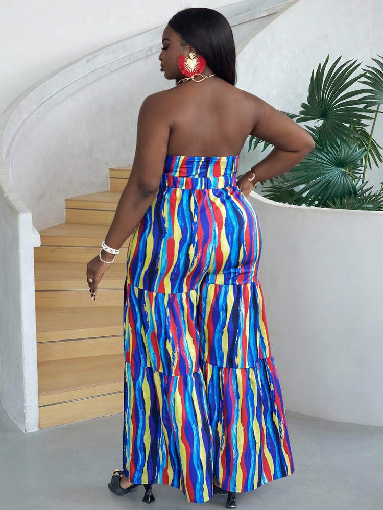 Plus Size Women Vacation Style Colorful Striped Bust Twisted Hollow Out Wide Leg Sexy Jumpsuit