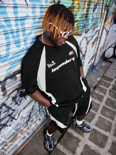 Manfinity VCAY 男士夏季套裝，包含加大尺碼拼接針織休閒短袖polo衫和帶口袋束腰短褲