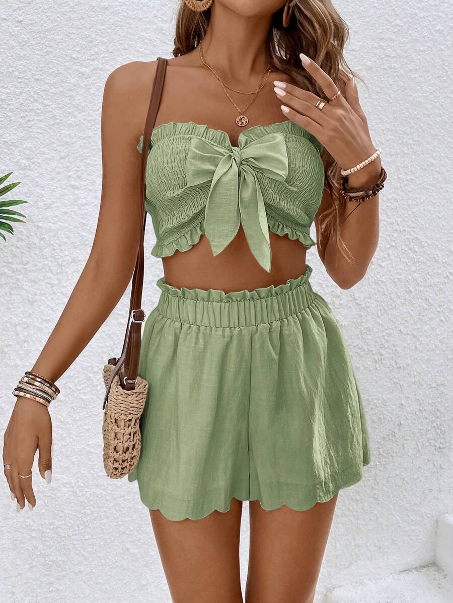 SHEIN Frenchy Thiết kế drape thời trang và ngọt ngào cho nữ với bộ áo quây ren hoa và quần short - Màu xanh Bạc hà - Xem 1