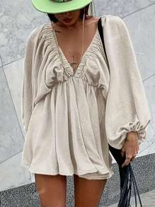 Plus Size Spring/Autumn Deep V-Neck Batwing Sleeve Solid Color Minimalist Dress