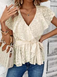 Chiquease Leisure Solid Color Cutout Ruffle Trim Shirt - Apricot - View 6