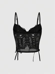 ROMWE Dây đeo có dây buộc màu đen theo phong cách Gothic, Corset ren lưới với hiệu ứng lấp lánh và bóng - màu đen - Xem 2