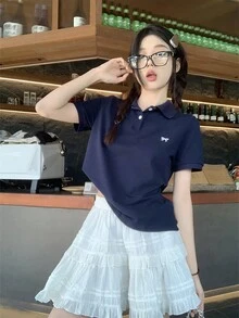 女士短袖休閒拼接領Polo T恤，蝴蝶結和刺繡，夏季