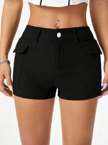 SHEIN EZwear Low Waisted Cargo Style Pocket Decor Women Casual Mini Shorts For Spring And Summer - Black - View 1