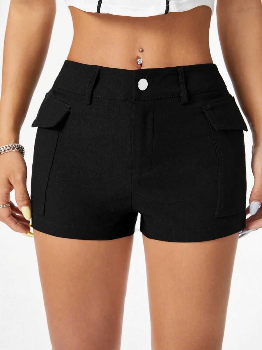 SHEIN EZwear Low Waisted Cargo Style Pocket Decor Women Casual Mini Shorts For Spring And Summer - Black - View 1
