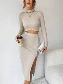 SHEIN PETITE Mock Neck Crop Tee & Split Thigh Skirt - Khaki - View 1