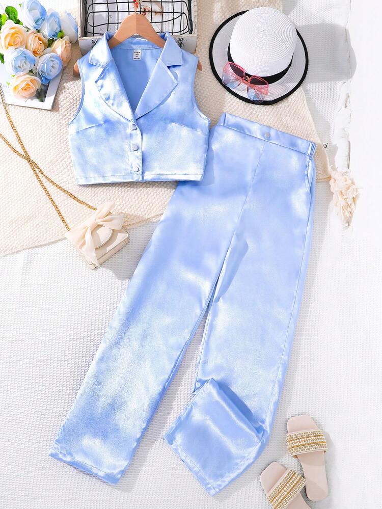 Teenage Girls' Sleeveless Lapel Neck Solid Color Suit Vest And Casual Pants Two Pieces Set