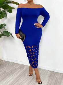 Flirla Đầm Maxi hở vai màu trơn thời trang cỡ lớn cho nữ - Xanh đậm - Xem 1