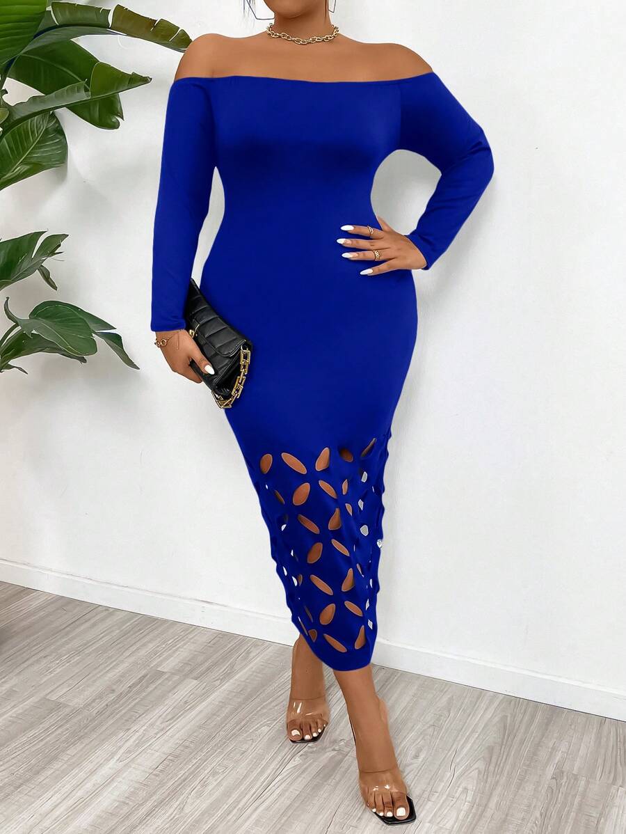 Flirla Đầm Maxi hở vai màu trơn thời trang cỡ lớn cho nữ - Xanh đậm - Xem 1