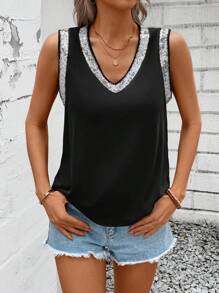SHEIN LUNE Leisure Plain Color Beaded Weave Strap V-Neck Tank Top - Black - View 4