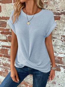 EMERY ROSE Holiday Leisure Solid Color Textured Batwing Sleeve Twist Knot Hem T-Shirt - Baby Blue - View 5