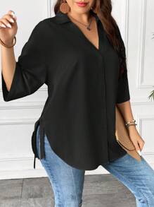 Calvaya Plus Size Women Stylish Loose Solid Color Daily Casual Work Shirt - Black - View 4