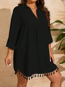 Swim Vcay 夏季沙灘大尺碼度假純色流蘇邊捲袖遮陽衣頂部 - 黑色 - 查看 3