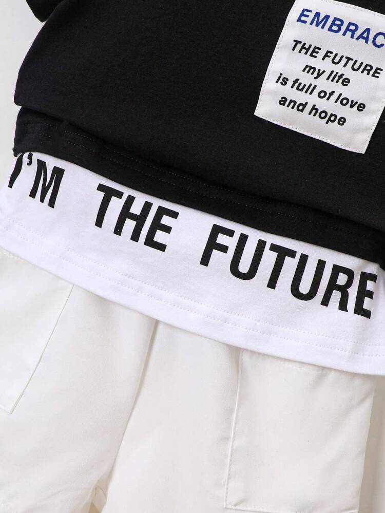 Fashionable And Simple Baby Boy Set, Round Neck Short Sleeve T-Shirt With Letter Print And Color Blocking Hem, Top With Pocket And Work Shorts, Casual And Cool For Spring And Summer