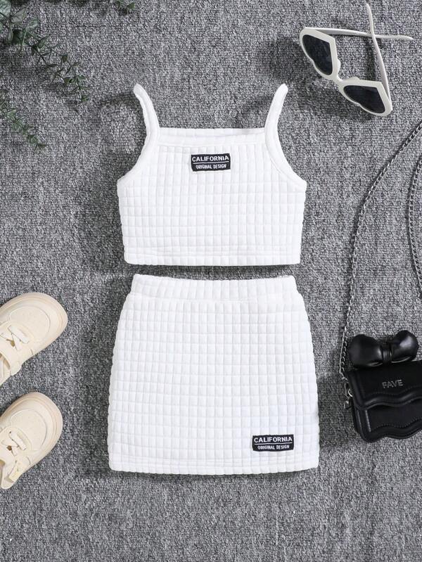 SHEIN Baby Girl Street Style Casual Solid Color Grid Pattern Suspenders Tank Top With Elastic Waist Skirt, Suitable For Summer
