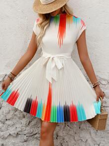 Breezaya 女士打摺印花露肩長袖裙 - 杏色 - 查看 4