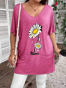SHEIN LUNE Plus Size Kỳ nghỉ Giải trí Áo thun có túi đôi in hoa và chữ hình cánh dơi - Màu Hồng Tươi - Xem 1