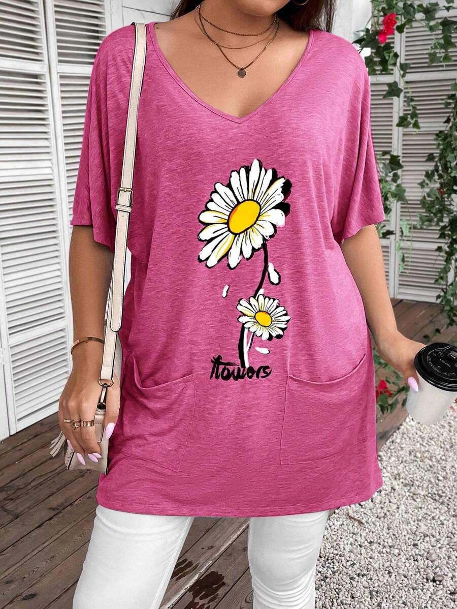 SHEIN LUNE Plus Size Kỳ nghỉ Giải trí Áo thun có túi đôi in hoa và chữ hình cánh dơi - Màu Hồng Tươi - Xem 1