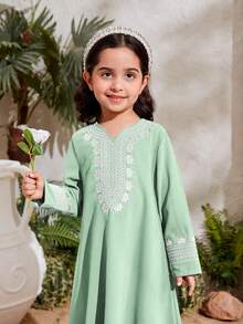 Vestido de manga larga impreso para niña, casual y adecuado para uso diario - Verde - Ver 6