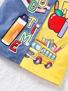 SHEIN Young Girl's Spring/Summer Two-Tone Letter & Book Print Shirt Dress