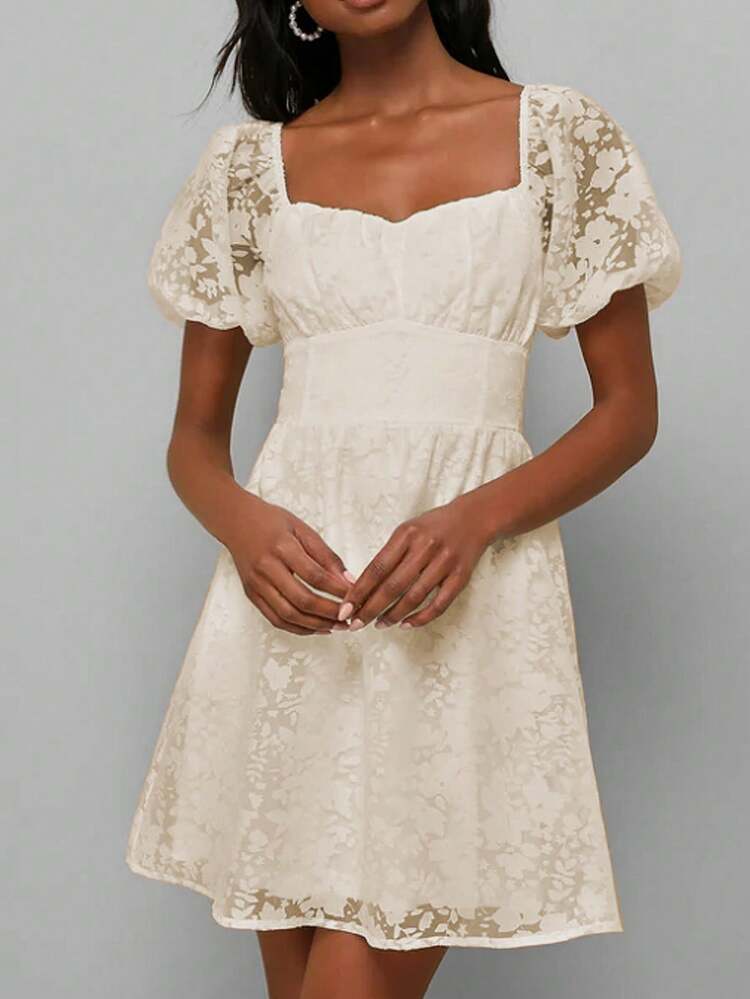 Elegant Summer Dress With Cutout Flower Design, Sweetheart Neckline, Cinched Waist And Puff Sleeves