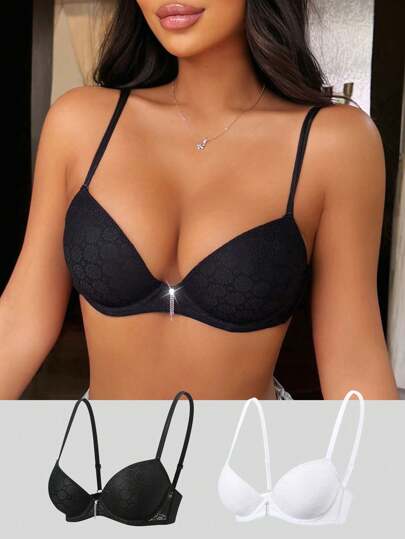 2pcs Middle-Thick Basic Simple Plain Bra With Underwire For Supporting, Lifting And Comfort