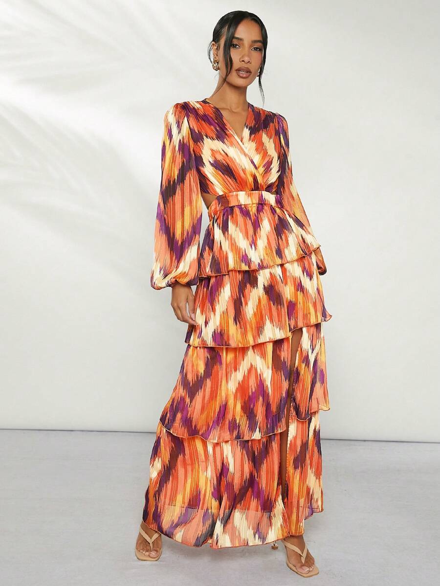 Hauture Elegant Ikat Print Layered Dress With Long Sleeves - Multicolor - View 1