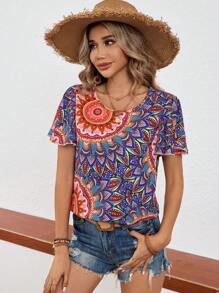 SHEIN VCAY Women Summer Vacation Style Floral Print Round Neck Short Sleeve Blouse With Ruffle Trim, Loose Fit - Multicolor - View 3