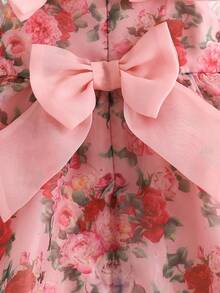 SHEIN Váy Organza chắp vá in hoa dễ thương cho bé gái có nơ và viền xù có thể tháo rời, không tay, thích hợp cho mùa hè - Hồng - Xem 4