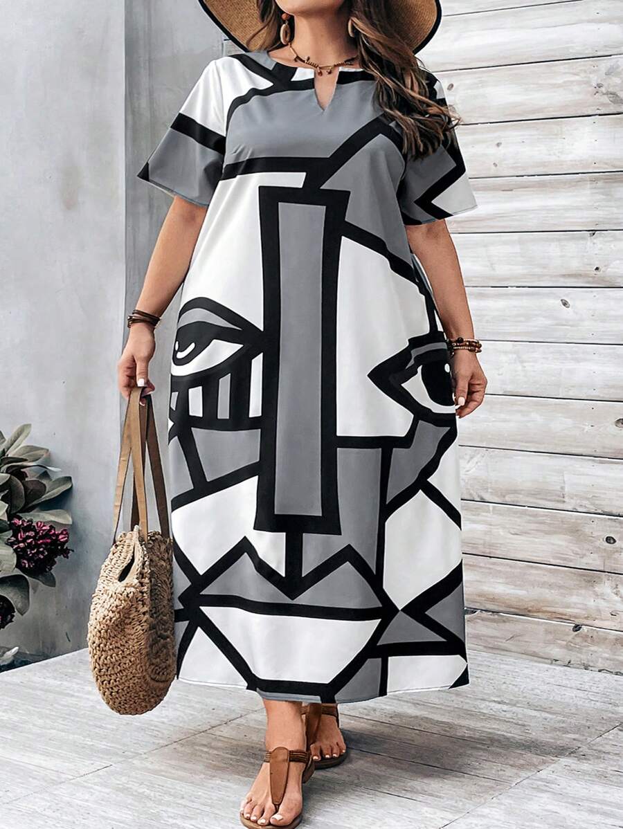 SHEIN CURVE+ 大碼女性抽象印花V領不對稱下擺長裙夏裝 - 彩色 - 查看 1