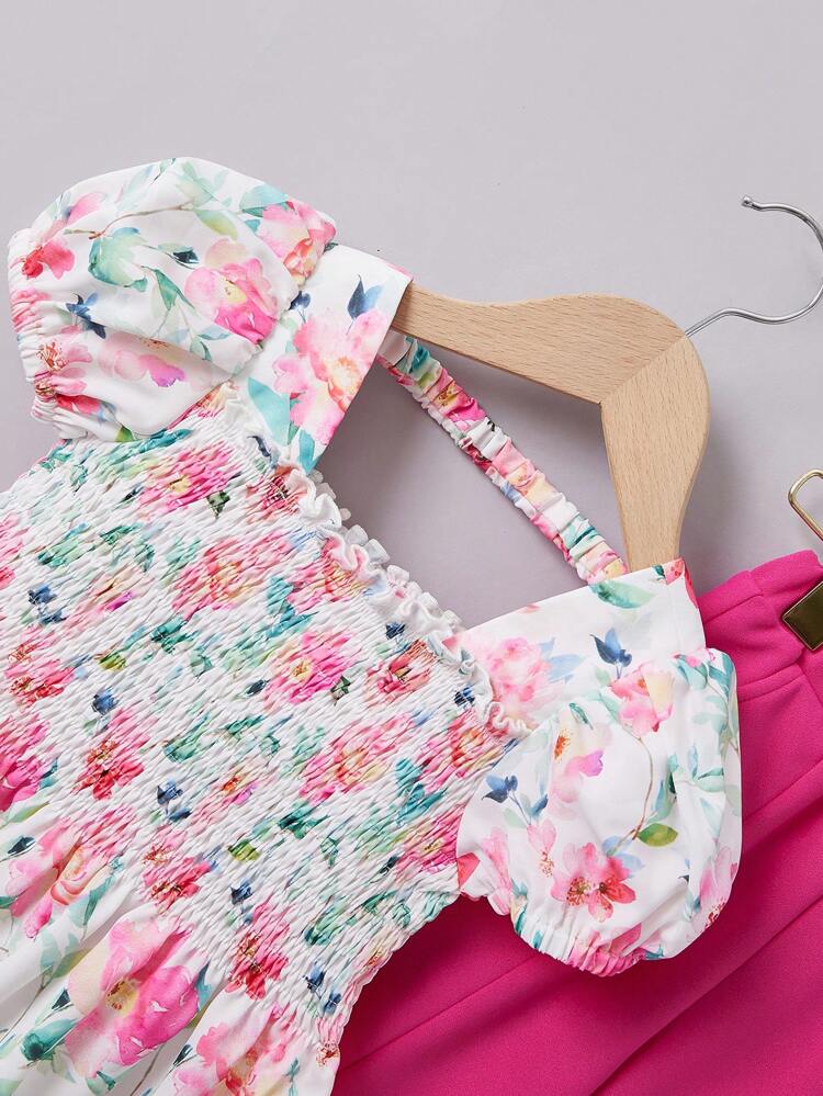 Baby Girl Vacation Style Romatic Floral Pattern Puff Short Sleeve Square Neck Top With Elastic Waist Plain Long Pants Set For Summer
