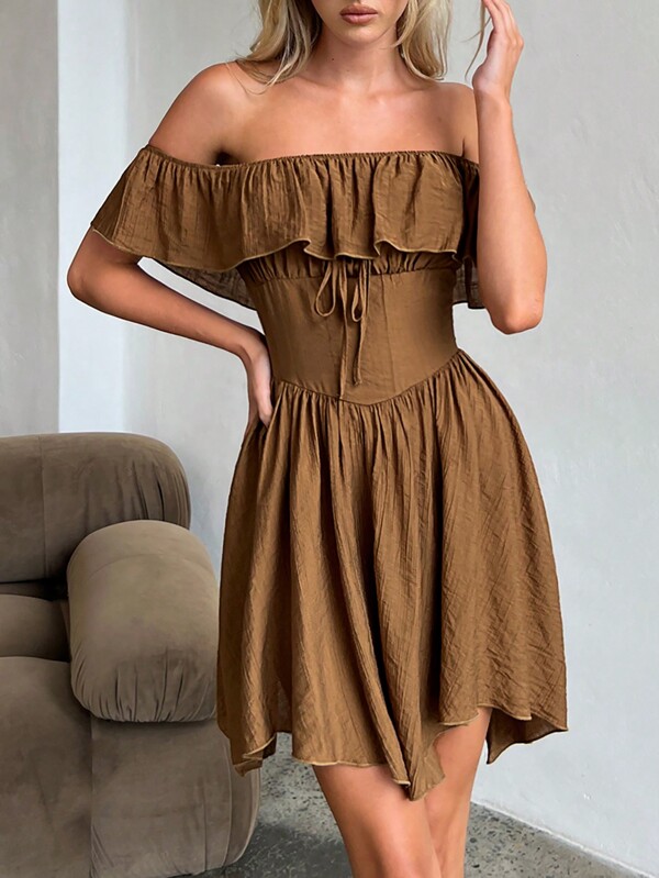 Aloruh Women's Summer Seaside Holiday Solid Color Ruffled Off-Shoulder Front Tie Asymmetric Hem Short Dress