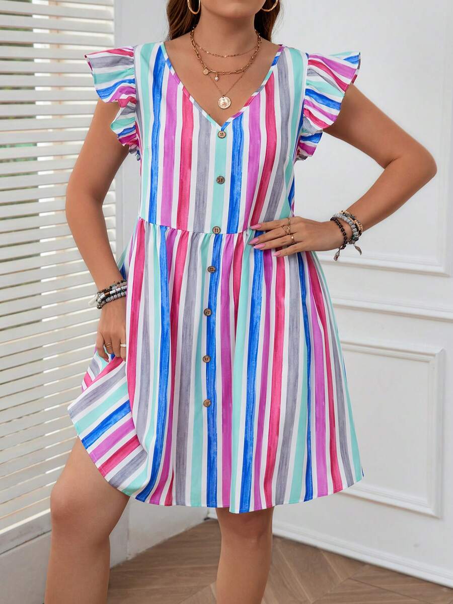SHEIN VCAY 大码女式夏季 V 领条纹彼得潘领宽松可爱飘袖连衣裙 - 藍色 - 查看 1
