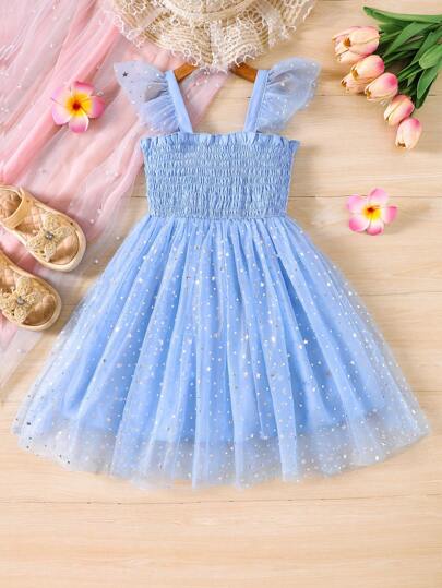SHEIN Glamorique Kids Vestido de princesa con mangas cortas y volantes, con dobladillo de malla para niña joven en el aniversario de boda
