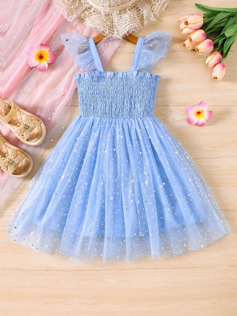 SHEIN Glamorique Kids 结婚纪念日少女夏季荷叶边网纱下摆短袖公主裙 - 霧霾藍 - 查看 1