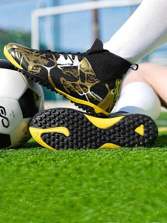 儿童高帮足球鞋，带脚踝保护，防滑，适用于人造草皮，时尚校园足球鞋，适合男孩和女孩