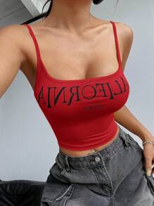 SHEIN EZwear 女士夏季字母印花短款上衣修身吊带背心 CALIFORNIA - 紅色 - 查看 1