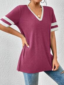 SHEIN Essnce Áo thun ngắn tay khối màu thường ngày mùa hè - Màu Hồng  San hô - Xem 5