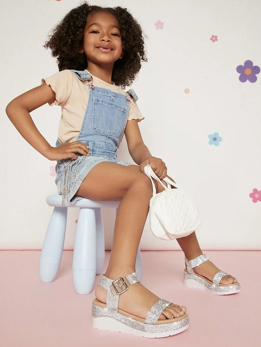 Mini mi 童裝/時尚閃亮腳踝帶楔形跟和高跟涼鞋 - 銀色 - 查看 1