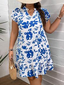 SHEIN VCAY Plus-Size Romantic Flower Dress With Cap Sleeves - Blue - View 3
