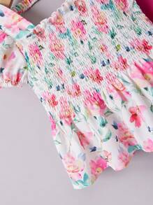 SHEIN Baby Girl Vacation Style Romatic Floral Pattern Puff Short Sleeve Square Neck Top With Elastic Waist Plain Long Pants Set For Summer - Hot Pink - View 4